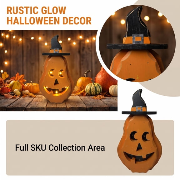 Jack O Lantern Decor, Battery Operated Light Up Pumpkin Witch Tabletop Figure, for Halloween Home Decor Indoor Use, Fall Halloween Decor Holiday Gift, Wood Construction, 8X4 in