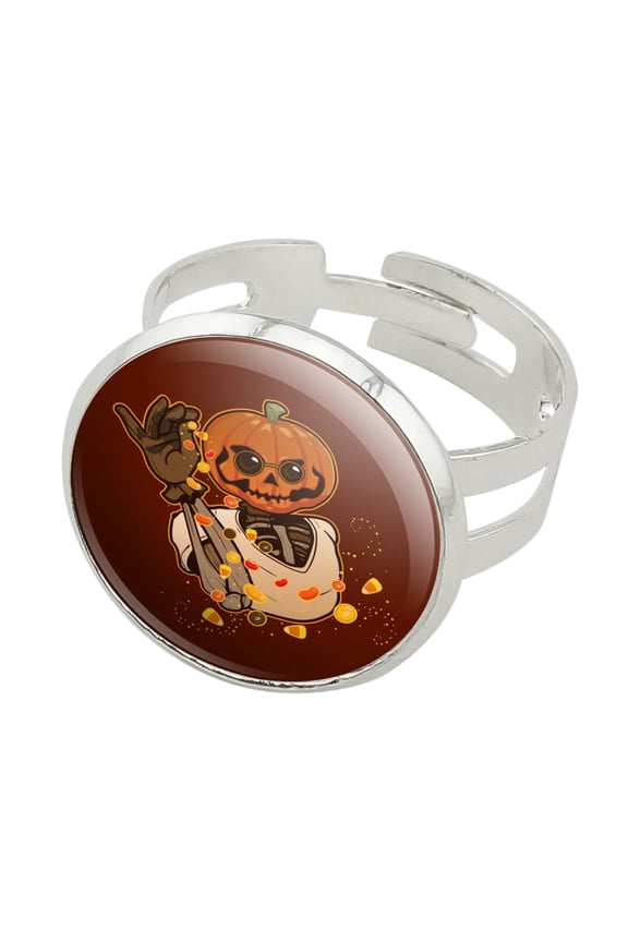 Jack O Lantern Halloween Candy Sugar Salt Bae Pumpkin Silver Plated Adjustable Novelty Ring
