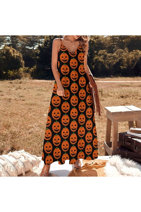 Jack O'Lantern Halloween Pumpkin Face Sleeveless Dress evening dress ladies Bridesmaid dress woman