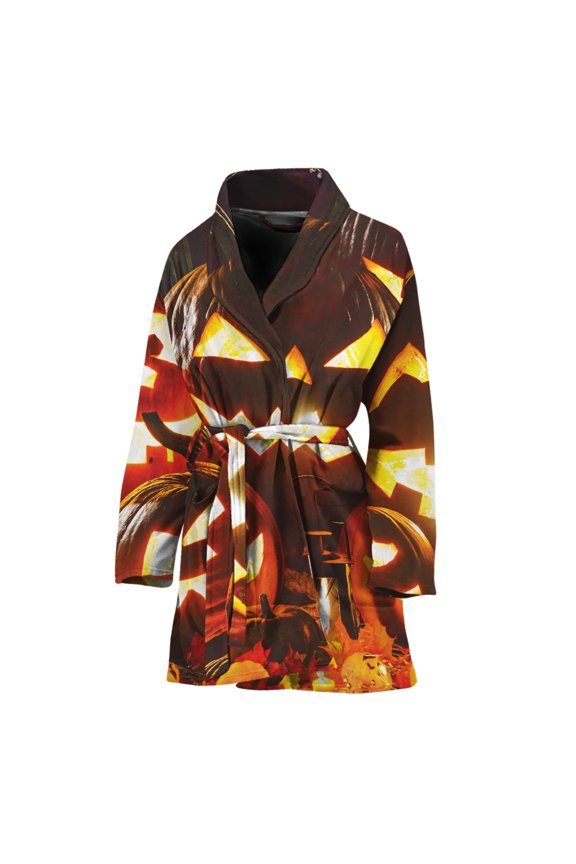 Jack-O'-Lantern Halloween Pumpkin Women Bathrobe One Size Univeral Fits, Halloween Decorative Fashion Lightweight Plush Fleece Long Robe For Women