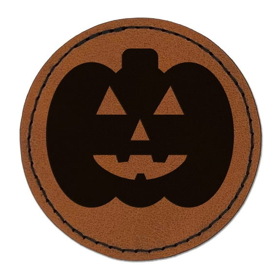Jack O'Lantern Happy Halloween Pumpkin 2.5" Faux Leather Round Engraved Iron-On Patch - Brown