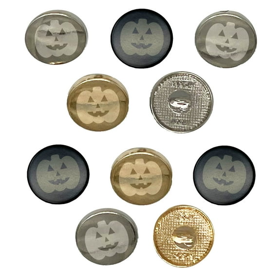 Jack O'Lantern Happy Halloween Pumpkin Set of 10 Metal 0.6" (15mm) Sewing Shank Round Buttons - Black Color