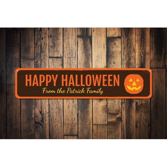 Jack-O-Lantern Happy Halloween Sign Pumpkin Family Name Sign Custom Metal Halloween Home Decor - Halloween - Size: 16 x 4 Inches