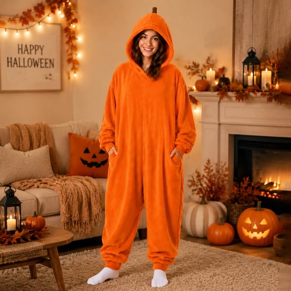 Jack-O'-Lantern Onesie, Adult Halloween Flannel Jumpsuit with Hood & Zipper, Unisex Cosplay Costume for Holiday Parties, 1 PC Saffron M