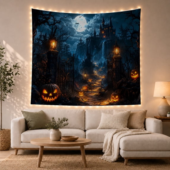 Jack-O'-Lantern on Path Toward Castle on Cliff, Spooky Fantasy for Halloween Fans, Pumpkin Night Decor, Halloween Gift, Tapestry Wall Hanging for Bedroom and Living Room