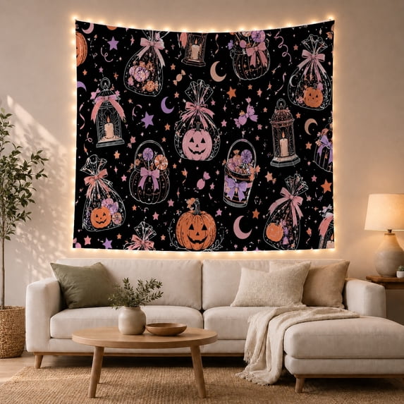 Jack O Lantern Pattern with Lanterns and Candy, Playful Illustration for Spooky Decor Fans, Festive Wall Decor, Halloween Gift, Tapestry Wall Hanging for Bedroom and Dorm