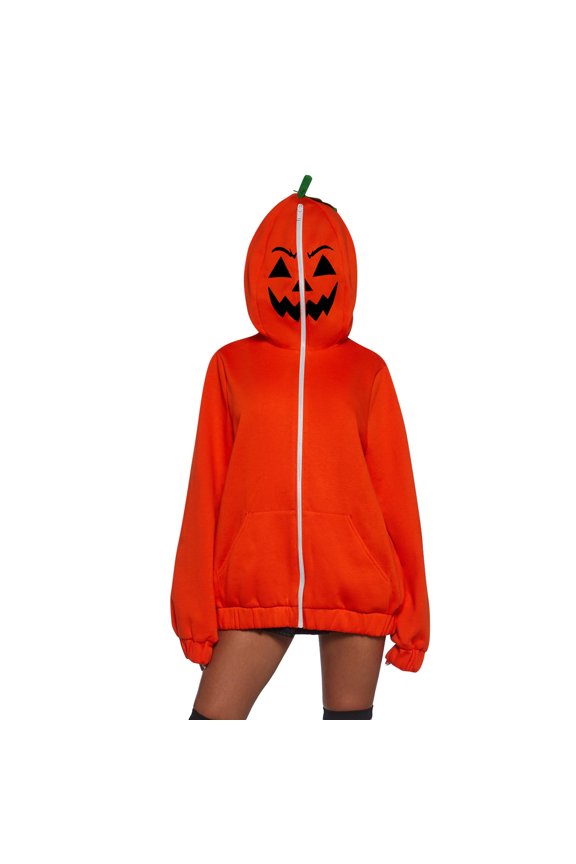 Jack O Lantern Plush Outerwear, Halloween Pumpkin Soft Zip Hooded Outerwear, Classic Jack O Lantern Fuzzy Plush Hood Jacket With 3D Stem, Casual Halloween Cosplay Coat for Holiday Gathering, Green S