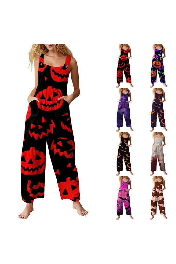 Jack O Lantern Pumpkin All Over Print Women Halloween Overalls, Sleeveless Square Neck Wide Leg Jumpsuit with Pockets, Rayon Linen Fabric Black 3XL