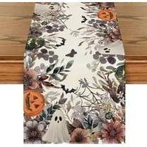 Jack-O''-Lantern Pumpkin Floral Ghost Halloween Table Runner, Eucalyptus Kitchen Dining Table Decoration for Home Party Decor 13x36 Inch