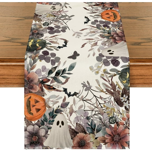 Jack-O''-Lantern Pumpkin Floral Ghost Halloween Table Runner, Eucalyptus Kitchen Dining Table Decoration for Home Party Decor 13x36 Inch
