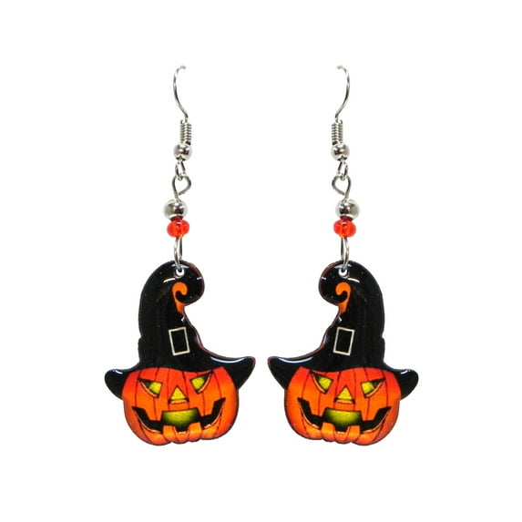 Jack O' Lantern Pumpkin Halloween Themed Graphic Dangle Earrings - Womens Fashion Handmade Jewelry Holiday Accessories