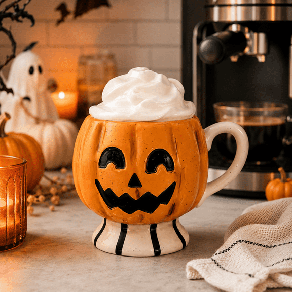 Jack O Lantern Pumpkin Mug Decor, Summerween Halloween Pumpkin Cup with Whipped Cream Look Topper for Table Display, Coffee Bar, Kitchen Counter