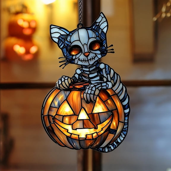 Jack O Lantern Pumpkin Skeleton Cat Wavy Acrylic Window Hanging, Faux Wavy Acrylic Suncatcher Halloween Decor Gift For Spooky Witch Home