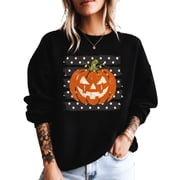 Jack-O-Lantern Pumpkin Sweatshirt for Women Halloween Crewneck, Black Sweatshirt, S