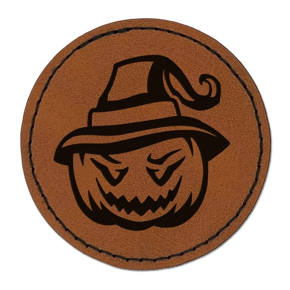 Jack-O'-Lantern Pumpkin Wearing Witch Hat Halloween 2.5" Faux Leather Round Engraved Iron-On Patch - Brown