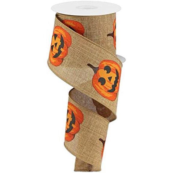 Jack O Lantern Pumpkins Wired Edge Ribbon, 2.5" x 10 Yards (Tan)