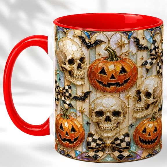 Jack-O'-Lantern Skull Coffee Mug, Spooky Halloween Mug, Ceramic 11 oz