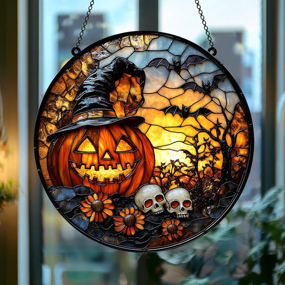 Jack-O'-Lantern Witch Acrylic Suncatcher, Round Halloween Faux Stained Glass Window Hanging With Bats, Skulls Sunflowers, Spooky Fall Decor