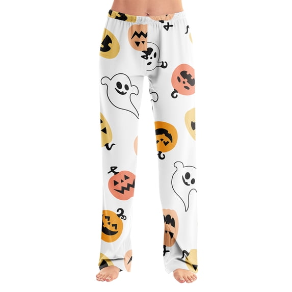 Jack-O-Lantern Women’s Halloween Sleep Bottoms, Loose Straight No Drawstring Soft Polyester Loungewear, Cute Spooky Pajamas Pants, Ideal Seasonal Present for Family Party Gathering