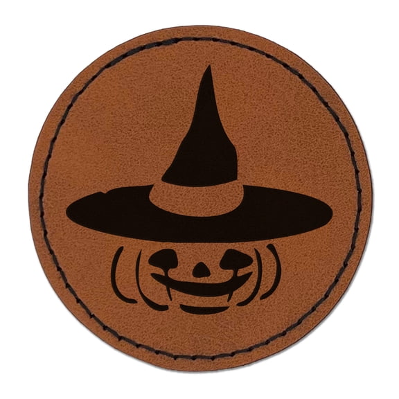 Jack-O'-Lantern with Witch Hat Halloween Pumpkin 2.5" Faux Leather Round Engraved Iron-On Patch - Brown