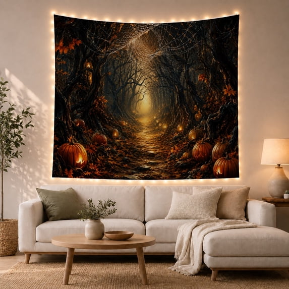 Jack O Lanterns Along a Webbed Shadowy Forest Path, Eerie Gothic for Dark Art Lovers, Spider Web Decor, Halloween Gift, Tapestry Wall Hanging for Bedroom and Den