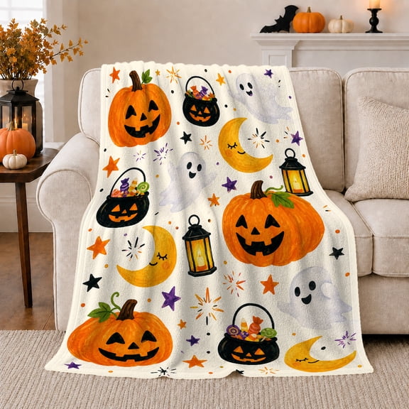 Jack O Lanterns with Ghosts and Moons, Cheerful Holiday Style for Halloween Lovers, Spooky Lantern Party and Halloween Gift, Cozy Flannel Blanket for Playroom and Living Room, Home Decor