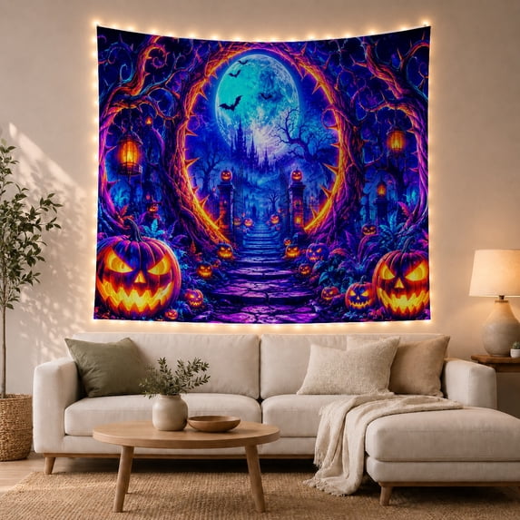 Jack-O'-Lanterns and Gothic Castle on Moonlit Path, Spooky Gothic for Halloween Enthusiasts, Fantasy Night Wall Art, Halloween Gift Tapestry Wall Hanging for Living Room and Bedroom