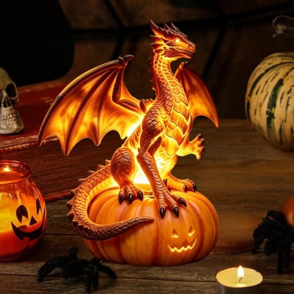 Jack-O-Pumpkin Dragon Glowing Statue, Freestanding Fall Table Decor Piece, Stable Flat Base For Secure Placement On Cabinets, Window Sills And Coffee Table Centerpieces