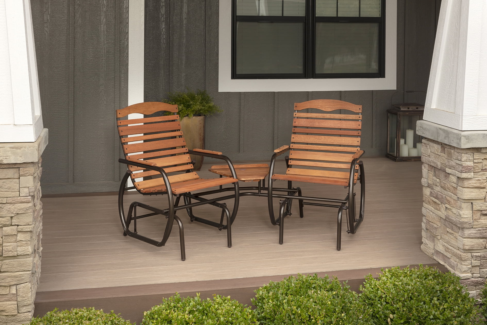 Jack-Post Hardwood Outdoor Gliding Tete-a-Tete Chairs in Bronze Frame