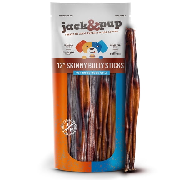 Jack&Pup 12" Skinny Bully Sticks for Small Dogs, Natural Beef Dog Chews, 12 pack