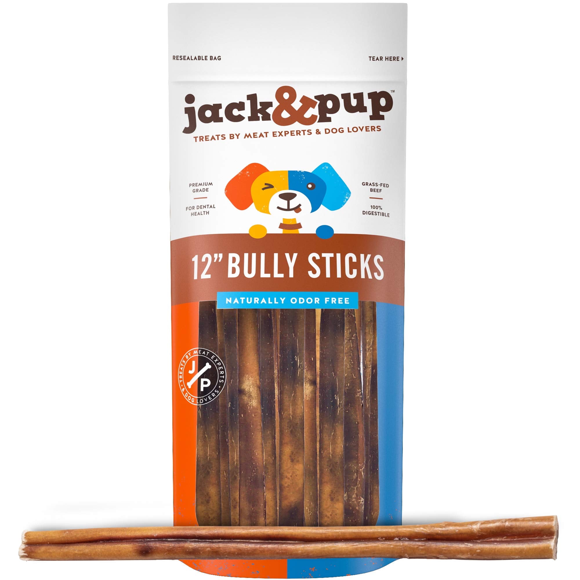 Jack&Pup 12" Thick Bully Sticks for Large Dogs, Single Ingredient Dog Chews, 10 pack