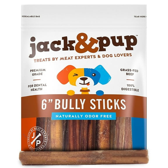 Jack&Pup 6" Bully Sticks for Medium Dogs, Natural Beef Flavour Chews, 25 Pack
