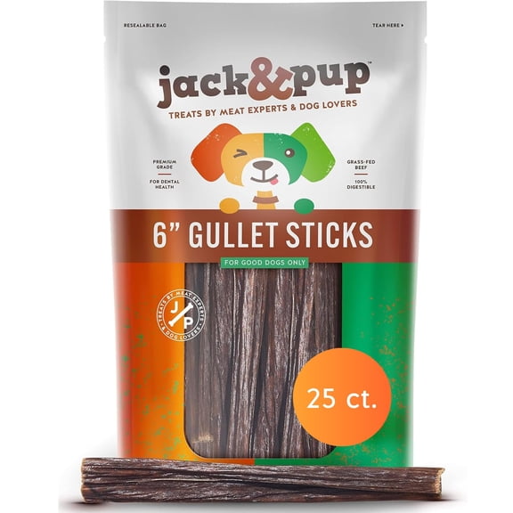 Jack&Pup 6-inch Gullet Sticks for Dogs (25 Pack) Esophagus Dog Treats, Long Lasting Chew, Beef Jerky for Dogs