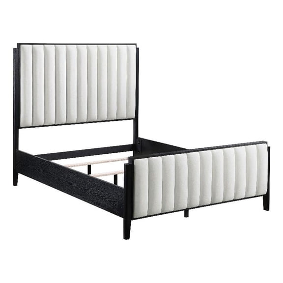 Jack Queen Size Bed- Channel Tufted Ivory Upholstery- Black Wood