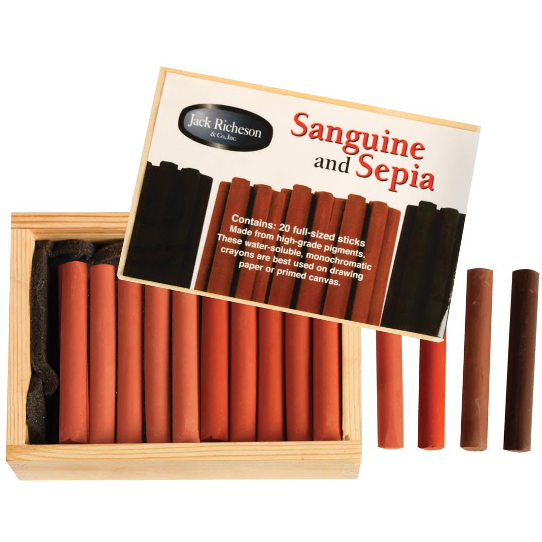 Jack Richeson Sanguine and Sepia Multicolor Pastel Crayons Set in Wooden Box