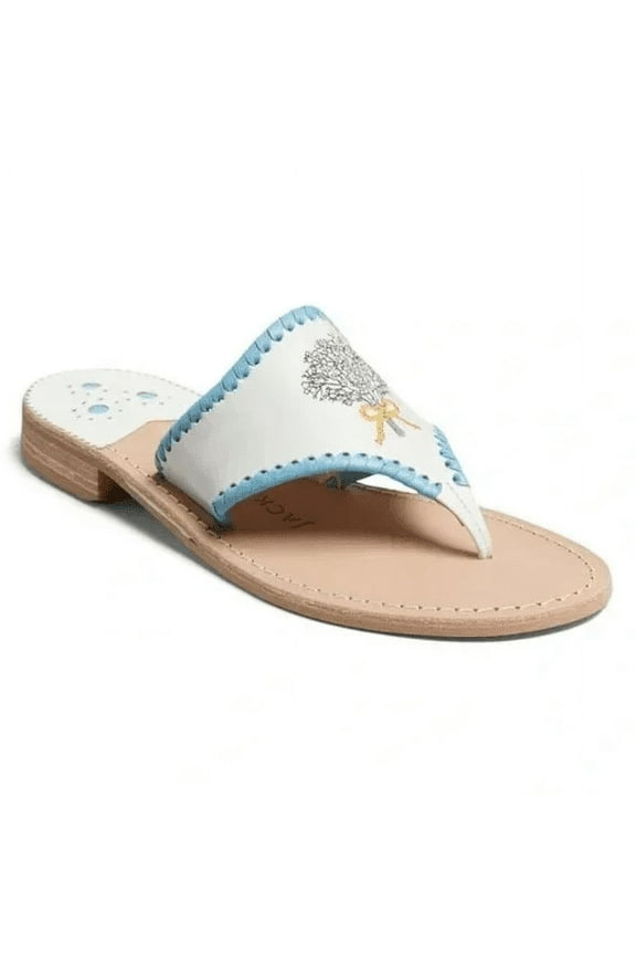 Women's Baby’s Breath Embroidered Leather Thong Flip Flops Sandals White/Light Blue 7
