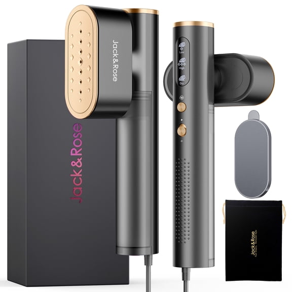 Jack & Rose Travel Steamer for Clothes, 100-240V Portable Steamer,15s Heat Up, Steamer & Iron 2 In 1, Travel Size Garment Steamer, Large Ceramic Heat Panel, for Global & European Traveling, Black