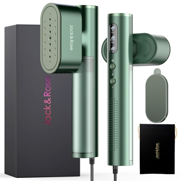 Jack & Rose Travel Steamer for Clothes, 100-240V Portable Steamer,15s Heat Up, Steamer & Iron 2 In 1, Travel Size Garment Steamer, Large Ceramic Heat Panel, for Global & European Traveling, Green