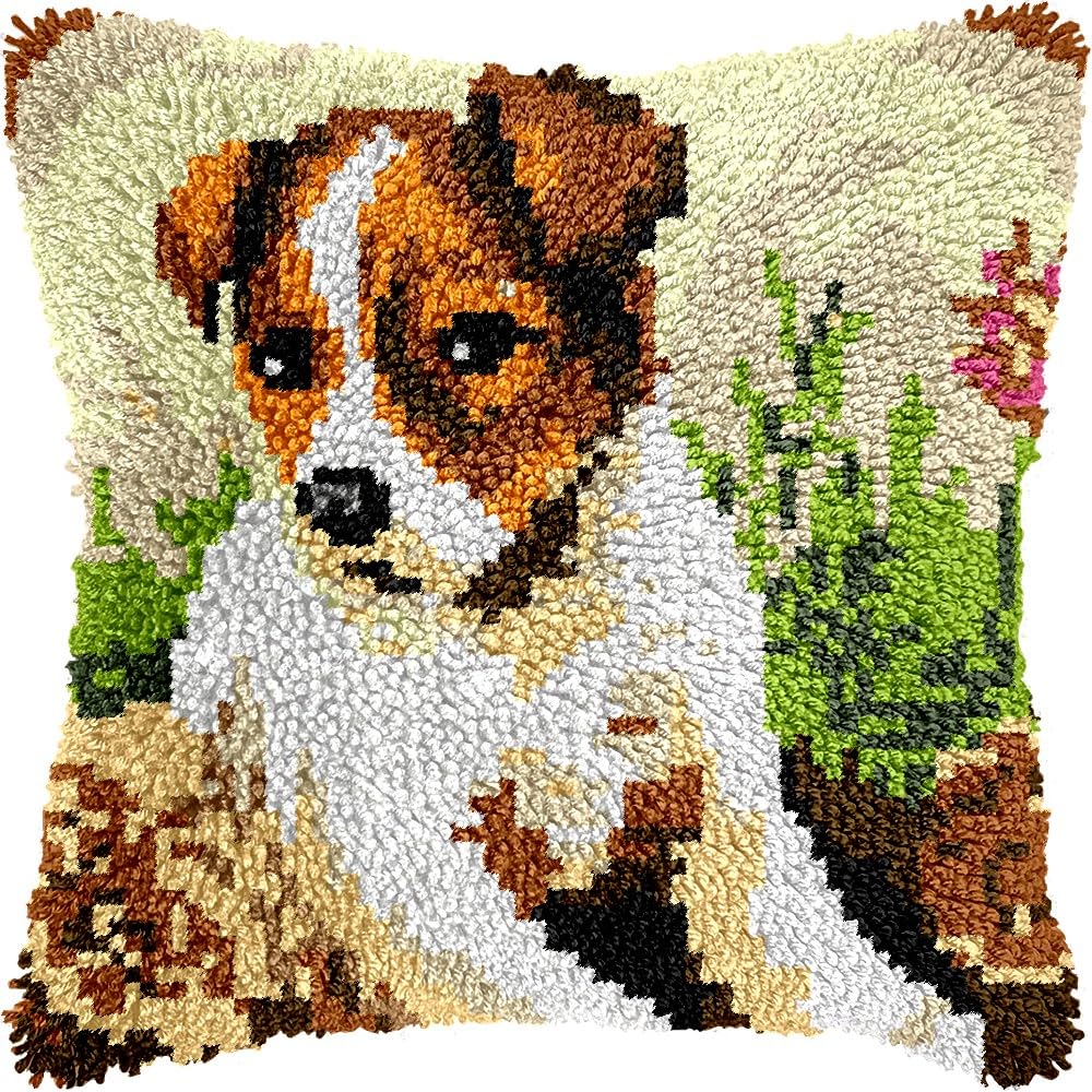 Jack Russel Terrier Latch Hook Pillow Kits for DIY Throw Pillow Cushion Embroidery Latch Hooking Pillowcase Kits with Preprinted Canvas Crochet Yarn Kits for Home Decor 17''X 17''(d155)