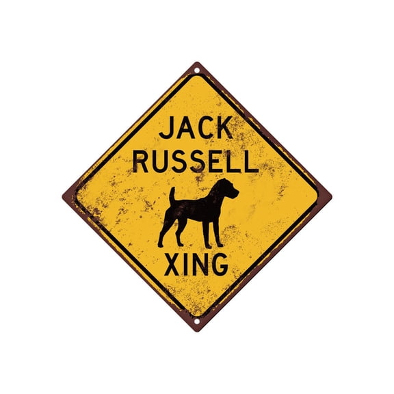 Jack Russell Crossing sign, Yellow Caution, Xing, Fun Metal Jack Russel,Sign, includes holes, Dog xing, Pet gift, Jack Russell Gift Size: 12 inch x 12 inch