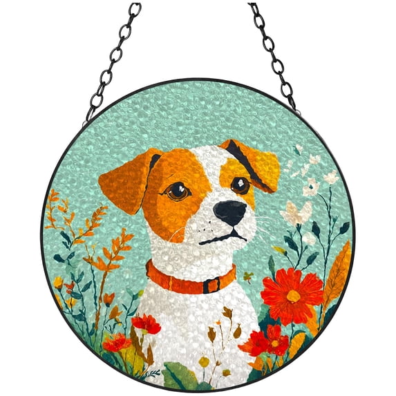 Jack Russell Dog and Flowers Stained Glass Suncatcher Colored Handmade Window Hangings Glass Suncatcher Crafts Kits for Indoor Garden Christmas Decor and Memorial 16x16cm(2)