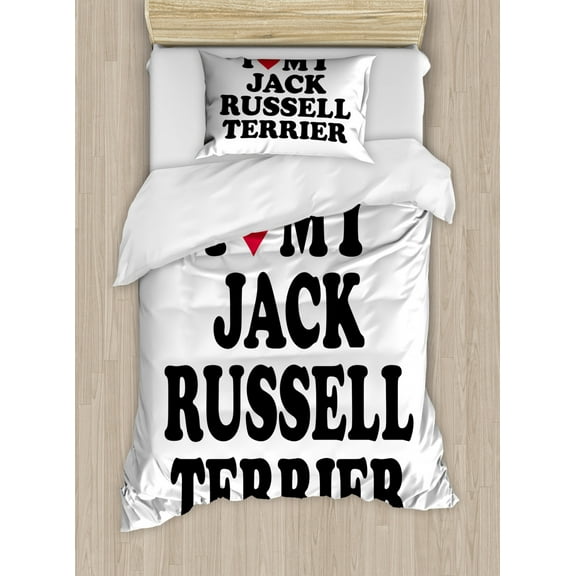 Jack Russell Duvet Cover Set Twin Size, I Love My Dog Writing with Modern Lettering Pet Owner, Decorative 2 Piece Bedding Set with 1 Pillow Sham, Dark Coral Charcoal Grey and White, by Ambesonne