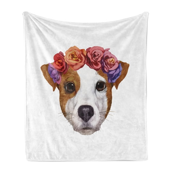 Jack Russell Soft Flannel Fleece Throw Blanket, Colorful Design with Blossoming Floral Wreath Dog Puppy Portrait Watercolor, Cozy Plush for Indoor and Outdoor Use, 50" x 70", Multicolor, by Ambesonne