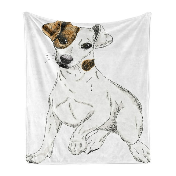 Jack Russell Soft Flannel Fleece Throw Blanket, Sketch Style Puppy Portrait Pet Shelter Hand Drawn Terrier Design, Cozy Plush for Indoor and Outdoor Use, 70" x 90", Cream and Pale Brown, by Ambesonne