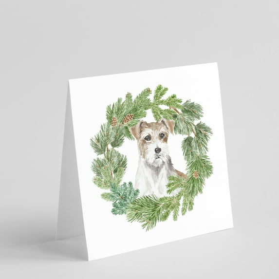 Jack Russell Terrier Chestnut and White Wirehaired with Christmas Wreath Square Greeting Cards and Envelopes Pack of 8 5 in x 5 in