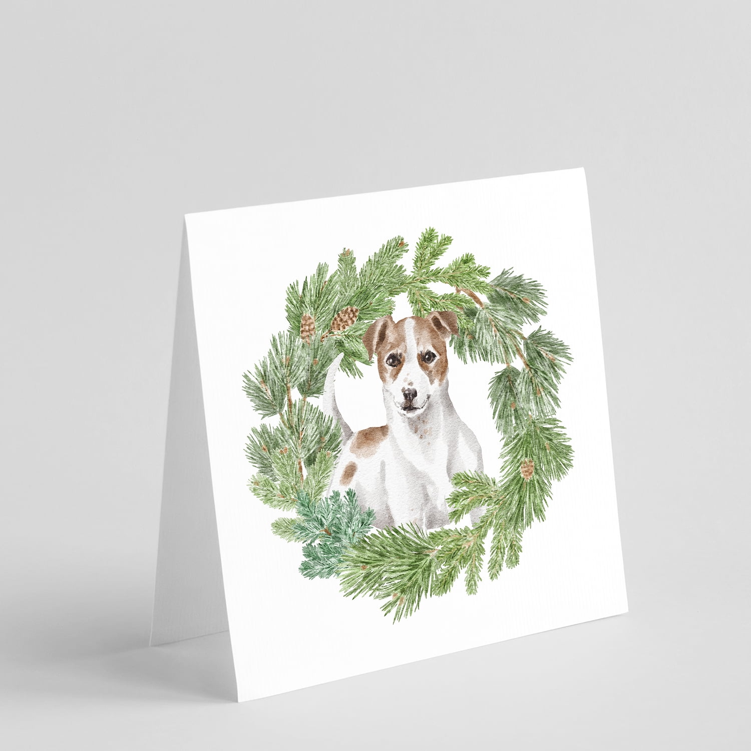 Jack Russell Terrier Chestnut and White with Christmas Wreath Square Greeting Cards and Envelopes Pack of 8 5 in x 5 in