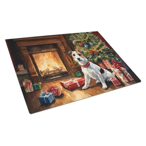 Jack Russell Terrier Cozy Christmas Glass Cutting Board Large 12 in x 15 in