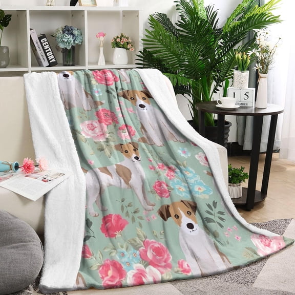 Jack Russell Terrier Dog and Flower Blanket,Comfortable Soft Lamb Wool Throw Blanket,All Season,Warm Lightweight Blankets for Sofa Bed Couch Living Room Chair,60"x80"