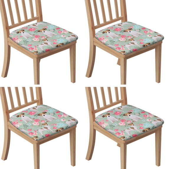 Jack Russell Terrier Dog and Flower Seat Covers for Dining Room Chairs Set Of 4,Stretch Printed Washable Chair Seat Cover with Elastic Ties and Button,Removable Waterproof Couch Cushion Covers