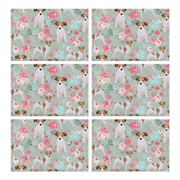 Jack Russell Terrier Dog and Flower Summer Placemats Table Placemats Set Of 6-Linen Kitchen Washable Placemats Table Mats 11.8"x17.7"Non-Slip Heat Resistant